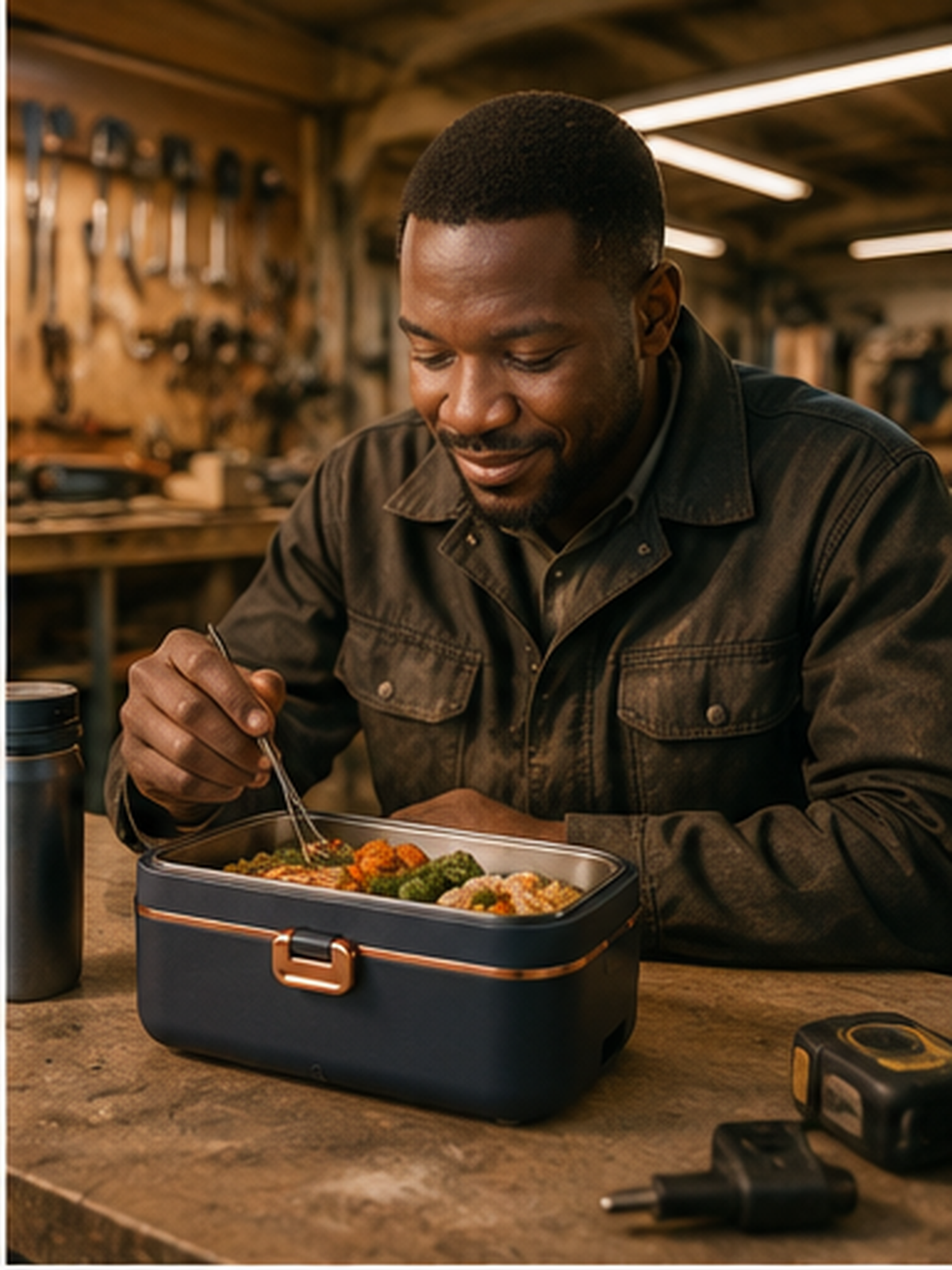 Artisan qui déjeune chaud dans son atelier avec une gamelle chauffante MIOKA