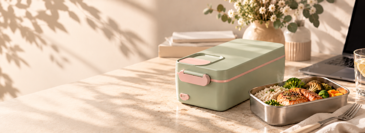 Lunch box chauffante MIOKA posée sur un bureau pendant une pause déjeuner