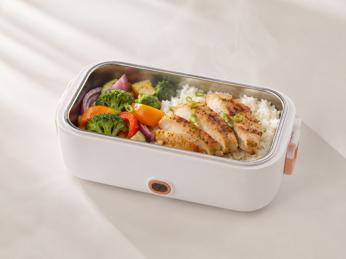 Lunch box électrique MIOKA en cours de chauffe sur un bureau